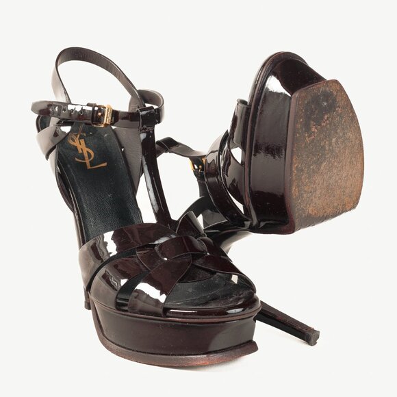 Saint Laurent Tribute Open Toe Bourgogne Patent Leather Platform Sandal - Picture 4 of 12